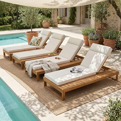 Merax 4-Piece Teak Finish Acacia Wood Chaise Lounge with 4-Inch Beige 4-Fold Cushion Set, Adjustable Outdoor Patio Lounger with Flat Side Surface, for Poolside