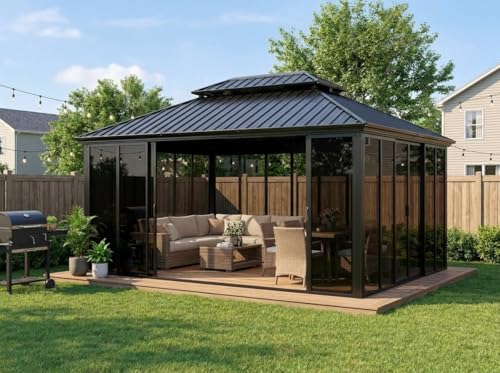 12x16ft Heavy Duty Outdoor Pavilion with Metal Frame, Permanent Solarium Sunroom Kit with PC Windows, Fully Sealed Screen Houses for Backyard, for Patio Winter Garden
