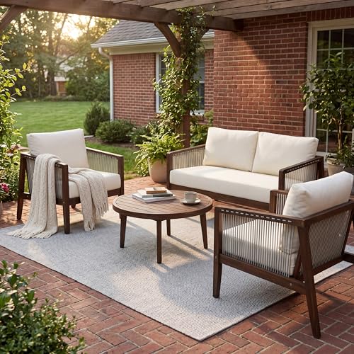 Merax Outdoor 4-Piece Sofa Set with Acacia Wood Frame & Rope Detail, 2 Club Chairs, Loveseat & Coffee Table, Water-Repellent Beige Cushions for Patio, Backyard & Deck, Dark Brown