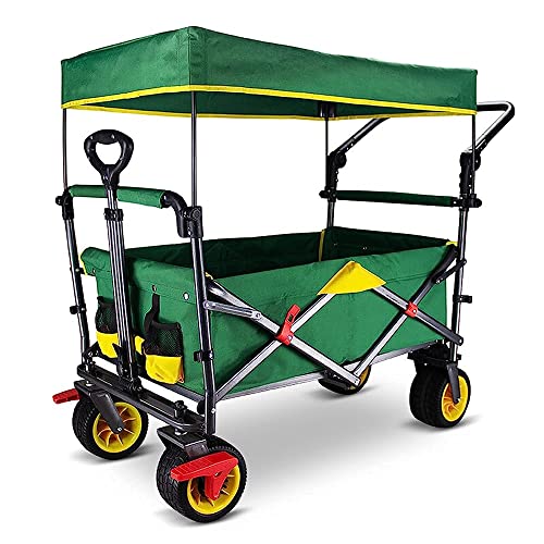 Handcart, Folding Camping Cart Garden Wagon, 4 Wheeled Collapsible Festival Trolley,Removable Oxcloth,Adjustable Handle,100 Liters Super Large Capacity 120Kg/Green