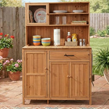 GDFStudio Elford Outdoor Storage Bench Table with Cabinet, Patio Wooden Potting Bench, Garden Storage Work Bench with Drawer, Cabinets, Adjustable Shelves, Hook and Countertop, Kitchen Island, Natural