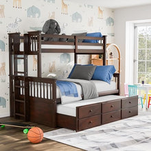 Furniture of America Barnett Solid Wood Bunk Bed with Trundle & Drawers Twin Over Full Dark Walnut