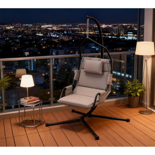 Durable Patio Hammock Chair w/Powder Coated Steel Frame & Stand for Garden, Comfortable Outdoor Hanging Swing Chair w/Padded Foam Cushion for Porch, Deck, Balcony (Grey)