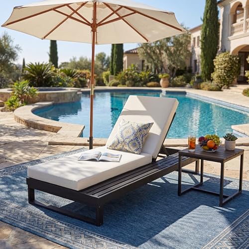 Merax Black Acacia Wood Chaise Lounge with 4-Inch Cream 2-Fold Cushion Set, 4-Position Adjustable Outdoor Patio Lounger with Flat Side Surface, for Poolside