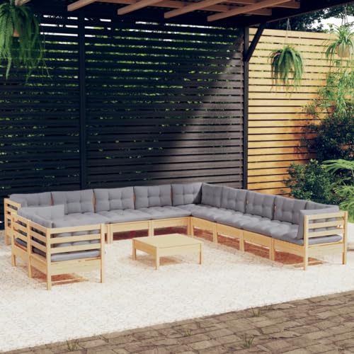 VIHHQGC 12-Piece Gray Garden Lounge Set Solid Pinewood with Polyester Cushions Modular Outdoor Furniture for Patio and Terrace Seating