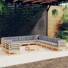 VIHHQGC 12-Piece Gray Garden Lounge Set Solid Pinewood with Polyester Cushions Modular Outdoor Furniture for Patio and Terrace Seating