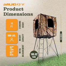 MUDDY 12 Foot Quad Pod Ladder Stand with 57" Platform and Hunting Blind, Epic Camo Multi