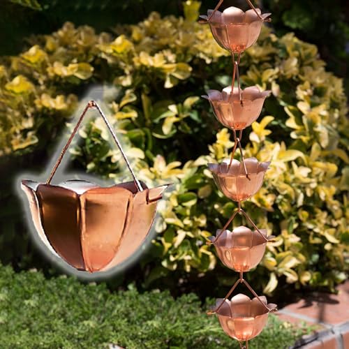 YUSIWOAL Flower Copper Rain Chain, Japanese Style Downspout, Adjustable Gutter Drainage with Hooks, Handcrafted Decor for Garden Patio Balcony, 1M(2.6 m (8.5ft))