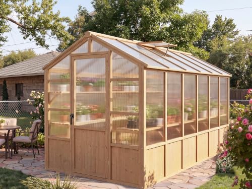 Heavy Duty Walk-in Wooden Greenhouse Kit, 4mm Polycarbonate Panels Green House with Adjustable Vents and Lockable Door, Wood Frame Plant House for Outdoor Garden Backyard Patio Lawn (6X12FT)