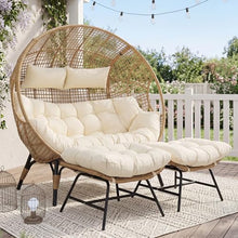 NICESOUL Stationary Egg Chair Indoor Outdoor Wicker Oversized Thick Cushions Egg Shaped Loveseat Chair, Egg Basket Lounge Chair with Ottoman Footrest for Patio Balcony Porch Bedroom Beige