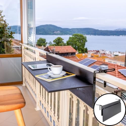 Balcony Bar Table for Railings, Outdoor Folding Deck Rail Table for Patio, Balcony Hanging Desk for Many Railings Compatible, Wooden Bar Serving Table for Porch (Black, XL: 47.3 x 11.8 inches)