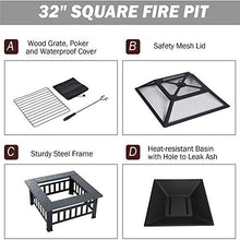 Garden Fire Pit Grill Bowl Grill Barbecue Rack Fire Pit with BBQ Grill Shelf,Outdoor Metal Brazier Square Table Garden Patio Heater/BBQ/Ice Pit with Waterproof Cover,Outdoor Fire Pits