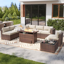 LazySunsets 8 Piece Outdoor Patio Furniture Set with 44'' Fire Pit Table, Outdoor Patio Furniture Set with 4'' Thicken Cushion, Wicker Rattan Outdoor Conversation Set for Backyard & Garden, Beige
