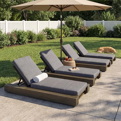 Christopher Knight Home Tory Acacia Wood Chaise Lounge Chair Outdoor Set of 4, Poolside Sun Lounger Recliner, Patio Outdoor Chaise Lounge with Cushions, Adjustable Backrest Single Lounge Sofa, Grey