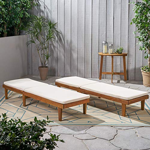 Christopher Knight Home Madge Outdoor Chaise Lounge with Cushion Set of 2 Teak Finish Cream