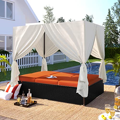 LUMISOL Patio Wicker Sunbed with Adjustable Seats, Orange
