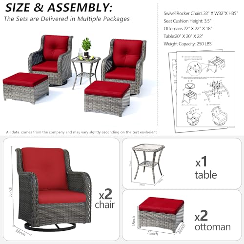 MeetLeisure 5 Piece Outdoor Patio Furniture Set Wicker Conversation Bistro Set Red