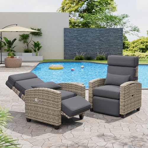 SunnyFurn 2PCS Outdoor Recliner Chair, Reclining Patio Chairs with 150° Adjustable Backrest & Footrest, Wicker Recliner Chairs with Flip Table and Removable Thick Cushion for Poolside, Deck, Balcony