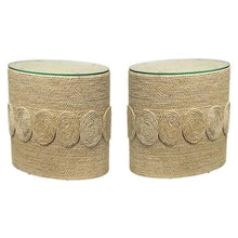 Home Square Oval Corn Straw Rope Glass Side Table in Off White - Set of 2