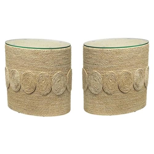 Home Square Oval Corn Straw Rope Glass Side Table in Off White - Set of 2