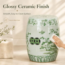 18.5" Ceramic Garden Stool, Green & White Chinoiserie Flower Bird Motif Drum Stool, Indoor Outdoor Patio Accent Side Table, Plant Stand and Decorative Stool for Living Room, Garden, Balcony green