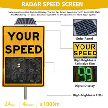 High-Visibility Solar Radar Speed Sign with Overspeed Light/Solar Panel, LED Speed Sign,Auto Red/Green Color Switch, 0–99/0–120 mph, > 1000m Visibility, Aluminu