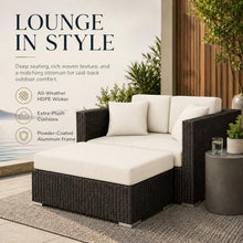 Golden Flame Outdoor Day Lounger with Matching Ottoman, All-Weather HDPE Wicker Patio Chaise Lounge with Plush Cushions, Powder-Coated Aluminum Frame, Deep Outdoor Seating - Canvas Natural