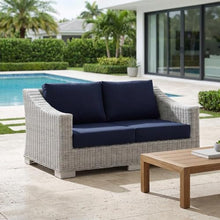 Outdoor Escape Blue Wicker Rattan Loveseat, Cushioned Seating, Weather-Resistant Design for Outdoor Patios, Garden, Backyard