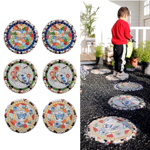 SGeneE Dragonfly Butterfly Bird Outdoor Stepping Stone Kit, Round 13"" Dimensional Garden Step Stones, Multicolored Stone - Tree Branch Flower Pebble Element