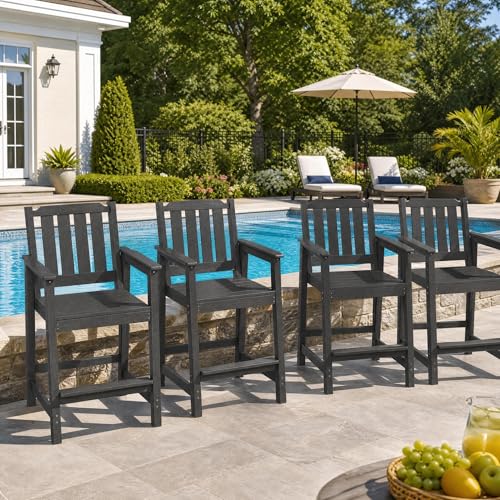 SLEKVERSA Adirondack Outdoor Bar Stools Set of 4, All-Weather HDPE Bar Height Patio Chairs with Back and Footrest, 400 LBS Capacity for Deck, Poolside, Outdoor Kitchen, Backyard and Resort, Dark Grey