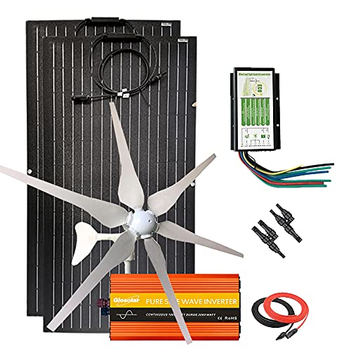 200W ETFE Flexible Monocrystalline Solar Panel + 400W 12V/24V Wind Turbine Generator + Hybrid Controller + 1000W Power Inverter + Solar Extension Cable (600W Solar Wind Hybrid Kit for Travel Trailer)