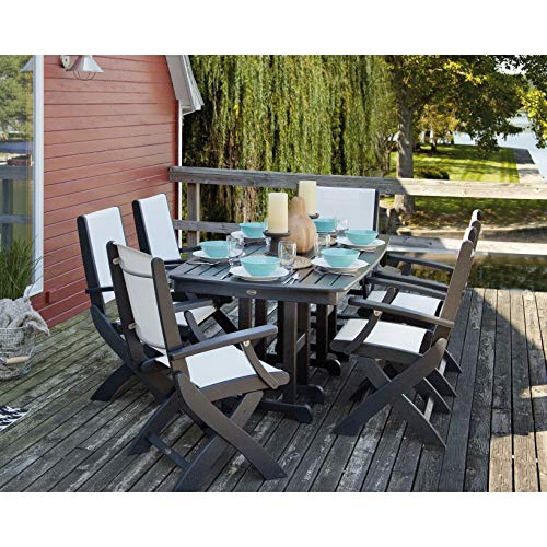 POLYWOOD PWS154-1-BL901 Coastal 7-Piece Dining Set, Black/White Sling