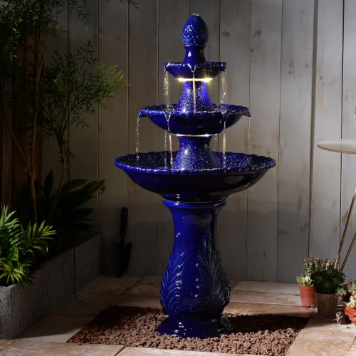 3-Tier Dark Blue Ceramic Fountain, Decorative Water Fountain with LED Lights and Quiet Pump, Indoor Outdoor Water Feature for Patio, Garden, Deck, Balcony, Office and Home Décor