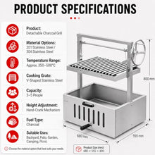 Outdoor Charcoal Grill, Hand-Crank Height Adjustment, Stainless Steel 201StainlessSteel