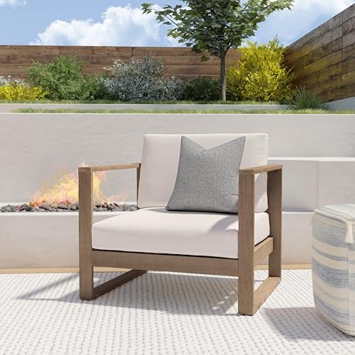Linon Silas Natural Eucalyptus Outdoor Chair with Beige Cushions