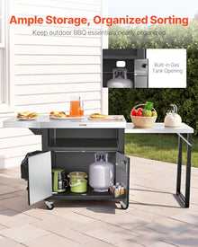 VEVOR Outdoor Grill Cart with Storage Cabinet, 74.8 Inch Grill Table, Waterproof Kitchen Island with Stainless Steel Top, Pull-Out Plate, Wheels, Movable Food Prep Station for Patio Bar Backyard BBQ