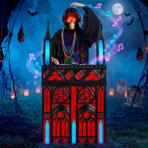 JOYIN 6ft Halloween Animatronic DJ Reaper Decorations, Outdoor Life-Size Gothic Skeleton DJ, RGB Lights & Motion Activated Head, Creepy Halloween Decor for Yard Garden Lawn