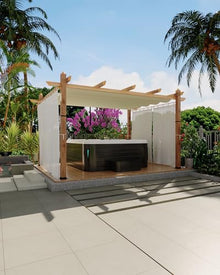 KYBOLT 10x13 Ft Outdoor Pergola with Retractable Canopy Aluminum Gazebo Imitation Wood-Grain Post with Side Mesh Screen Pavilion for Backyard Deck-Beige+White