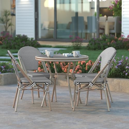 EMMA + OLIVER Massalia Indoor/Outdoor Bistro Set - Black & White Textilene with Light Natural Frame