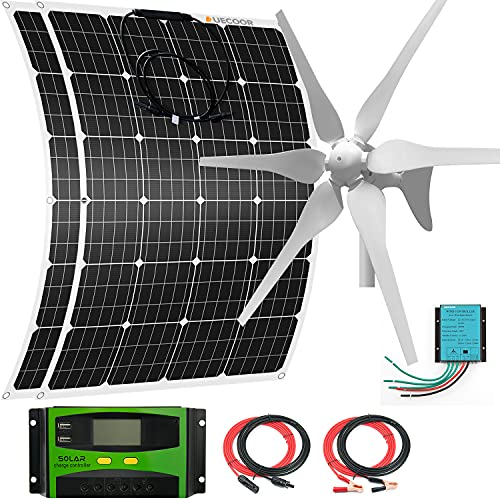 640 Watts 24 Volts Solar Wind Turbine Generator Power Hybrid Kit: 1pc 400 Watt Wind Turbine + 2pcs 120W Flexible Mono Solar Panels Off Grid for Homes Roofs RV Bendable