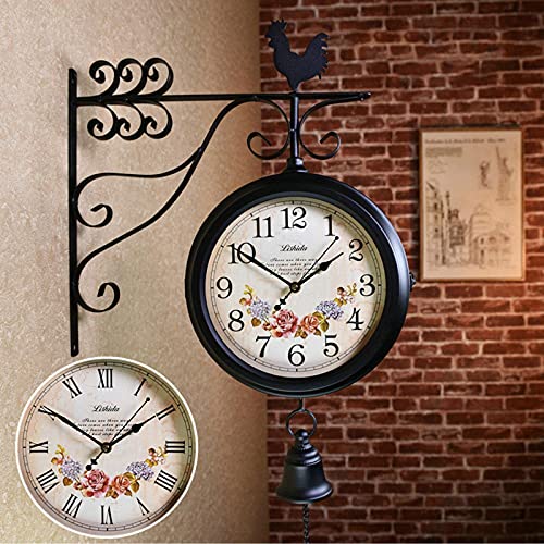 SLGGPJBU Double-Sided Wall Clock Vintage Clock Antique Wall Clock Station Clock Outside Double-Sided Wrought Iron Design Station Clock Outdoor B
