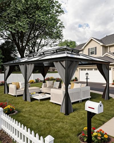 12 x 20 Hardtop Gazebo with Double Polycarbonate Roof, Durable Aluminum Frame, with Curtains and Netting – Perfect Outdoor Pavilion for Garden, Lawn and Patio