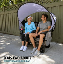 Chariot Outdoor Lawn Chariot, Folding Wagon with 2 Adult Seats & UPF 50+ Canopy, Under-Seat Storage, All-Terrain Wheels, Black Canopy