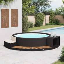 Spa Surround for Hot Tub with Integrated Storage and Mini Sofa, Poly Rattan and Acacia Wood Hot Tub Furniture, Black and Natural Wood Finish, 113.8 x 48.8 x 22.0 Inches