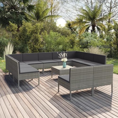 HEFZGDB 12 Piece Patio Lounge Set with Cushions Poly Rattan Gray Porch Furniture Patio Table and Chairs Set Outdoor Patio Set Suitable for Lawn, Garden, Poolside.