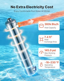 VEVOR Pool Heat Exchanger, 360K BTU Swimming Pool Heater Exchanger, 316L Stainless Steel Construction, High Efficiency Water to Water Transfer Heating System for Spa, Hot Tub, Indoor/Outdoor, Silver