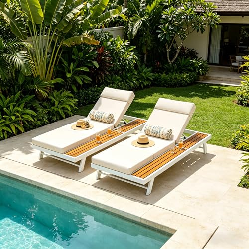 Merax 2 piece White Iron Teak Finish Chaise Lounge Set with 4" Thick 4-Fold Cushion with Headrest, 400 lbs Capacity, Adjustable Backrest with Flat Storage Surface for Patio, Poolside, Backyard, Cream