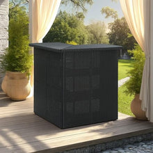 Benzara Outdoor Corner Bar Table, 3 Shelves, Black Rattan and Steel, 41 Inch