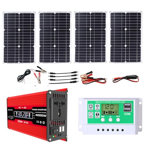 Complete Solar Inverter Kit with 100W Solar Panel and 4000W DC 12V to 220V/110V AC Inverter and 50A Controller for Home and Outdoor Power System(Red,12v-110v)