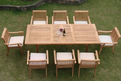 TeakStation 8 Seater Grade-A Teak Wood 9pc Dining Set:94" Rectangle Table and 8 Arbor Stacking Arm Chairs #TSDSABa